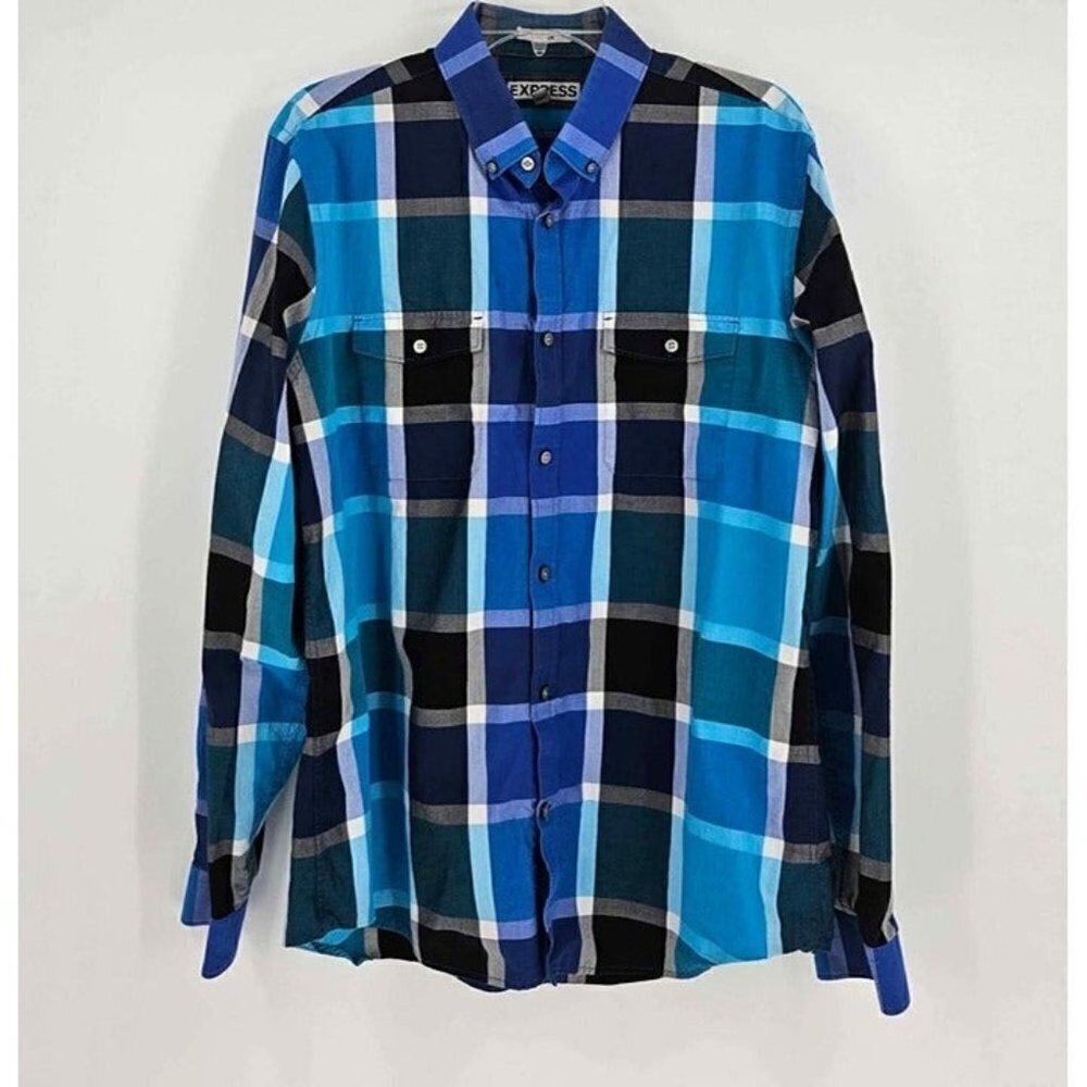 Express Fitted Mens Blue Black Plaid Button up Collared Shirt Sz Lg